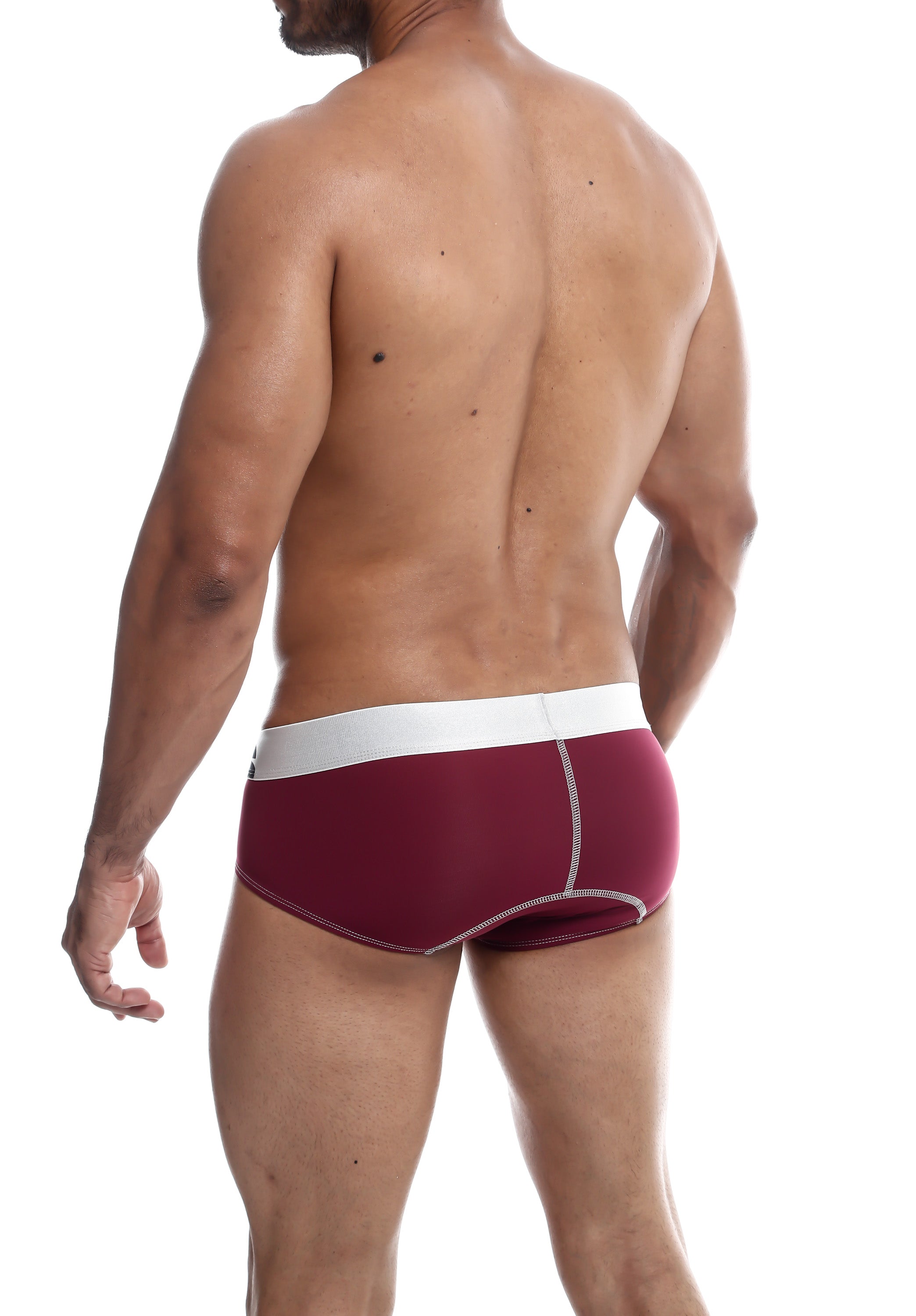 Malebasics microfiber brief maroon athletic brief with white waistband and contrasting stitching in microfiber material