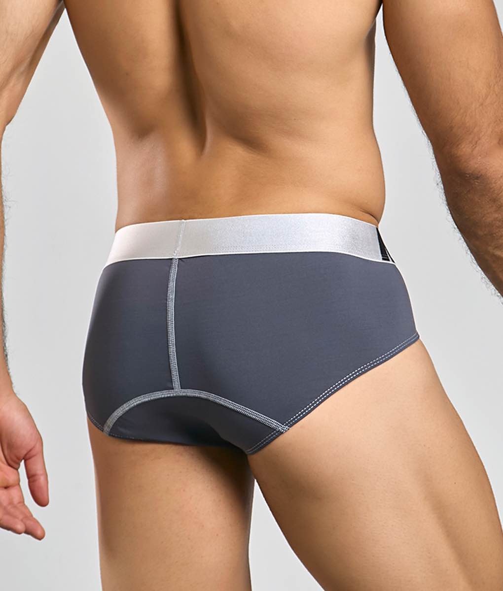 Gray men’s microfiber briefs with a white waistband and subtle gray stitching from malebasics