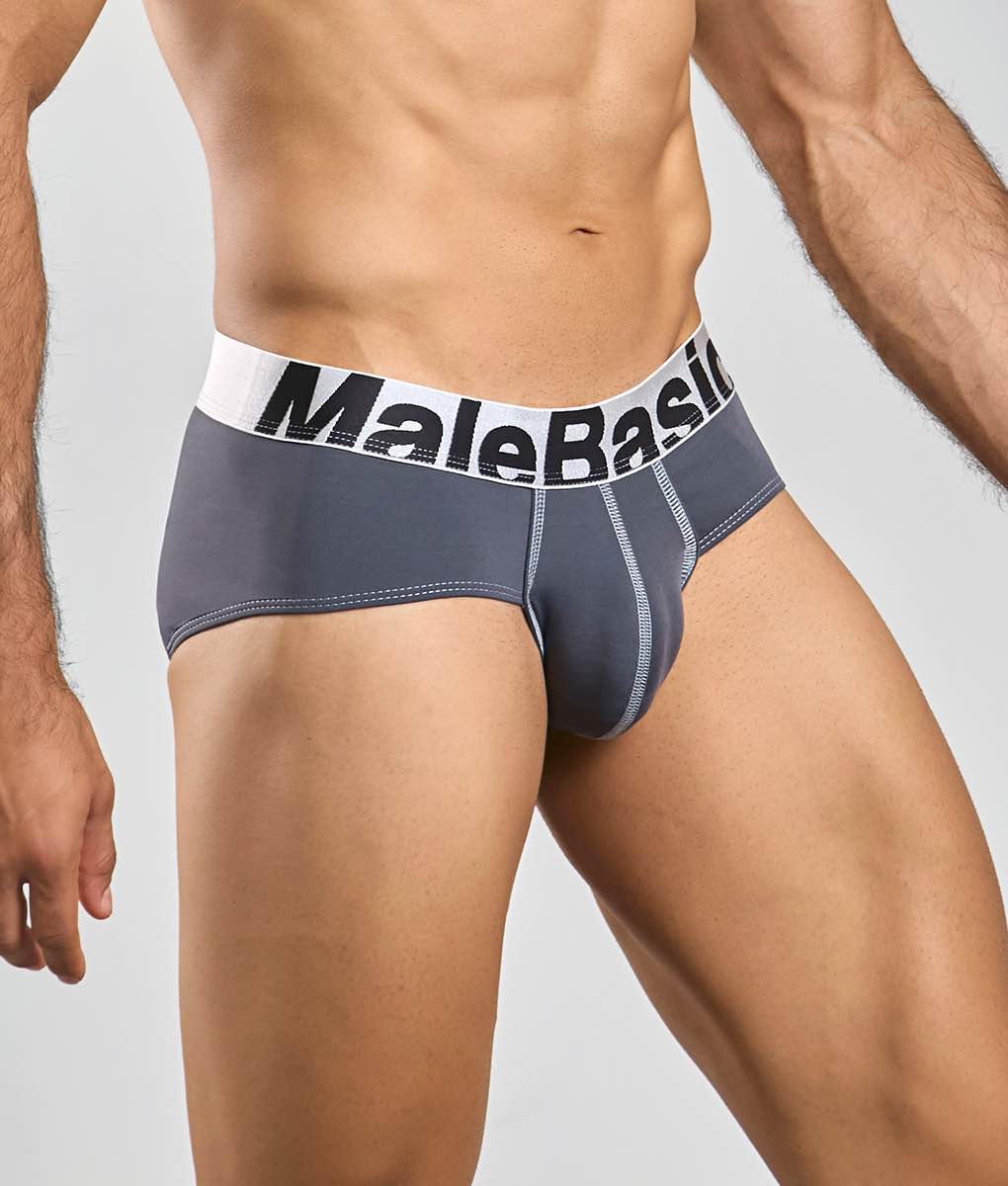 Gray malebasic microfiber briefs with a white waistband and black lettering for comfortable everyday wear