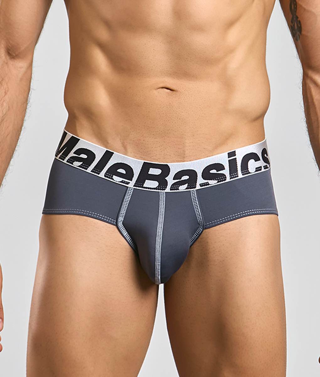 Malebasics microfiber brief in gray with a white waistband black lettering and subtle gray stitching along the seams