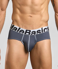 Malebasics microfiber brief in gray with a white waistband black lettering and subtle gray stitching along the seams