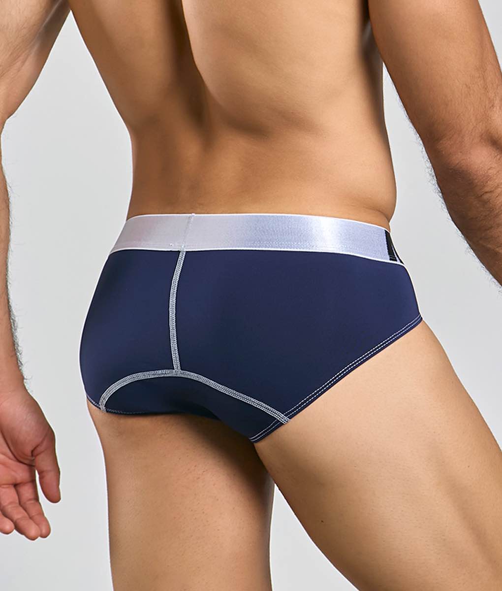 Navy blue male basics microfiber briefs with silver waistband and matching stitching details