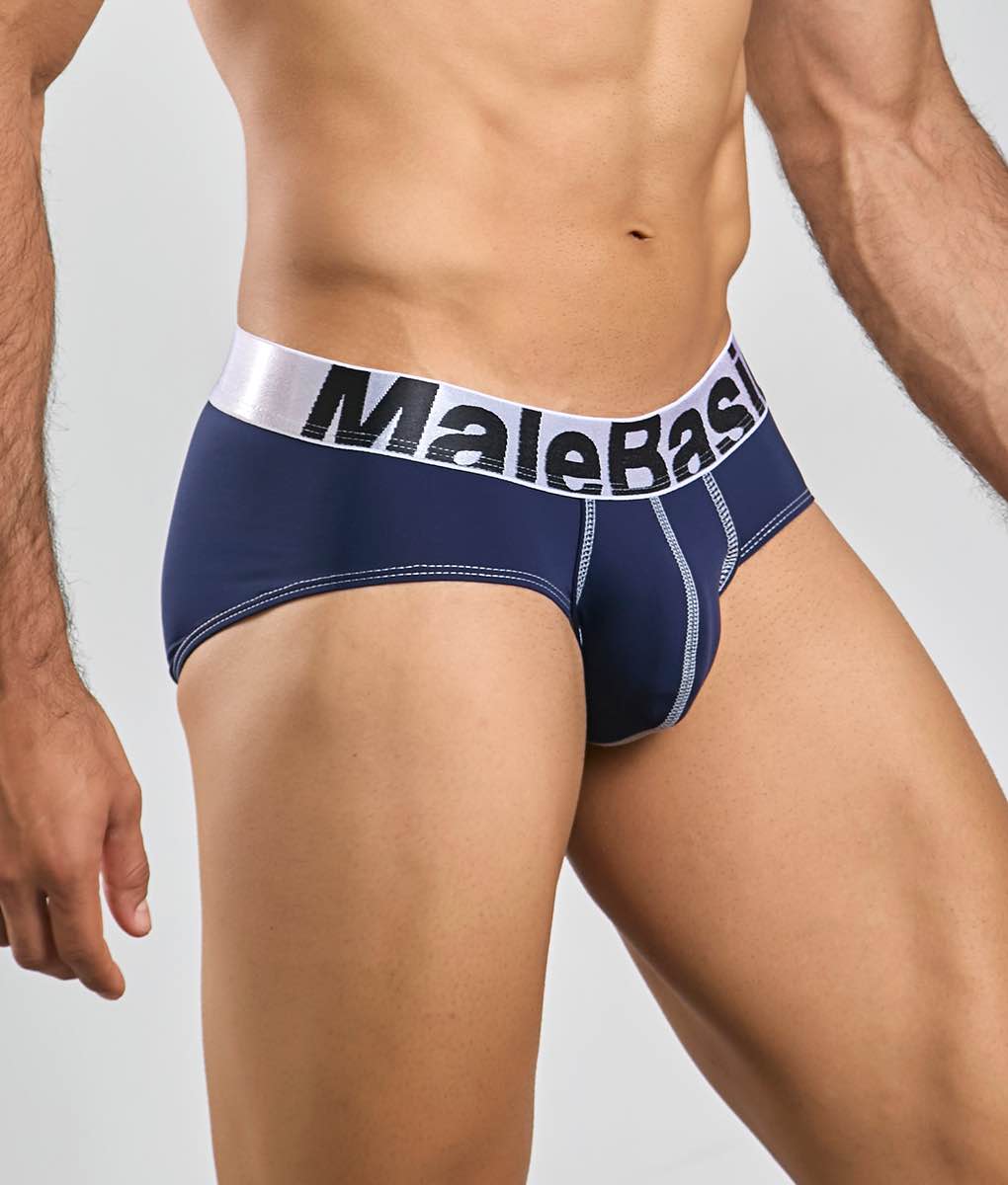 Malebasics microfiber brief navy blue microfiber brief with white waistband and gray contrast stitching