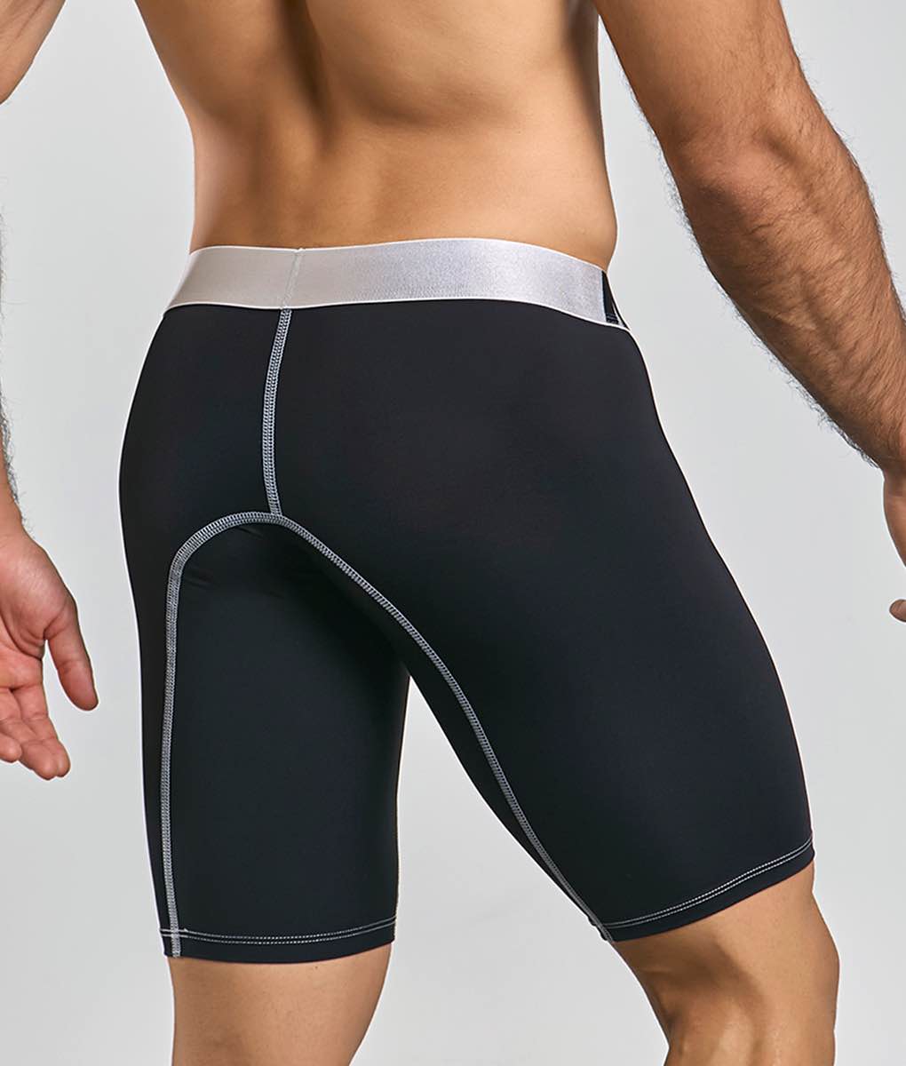 Black microfiber athletic boxer shorts with silver waistband and matching stitching from malebasics