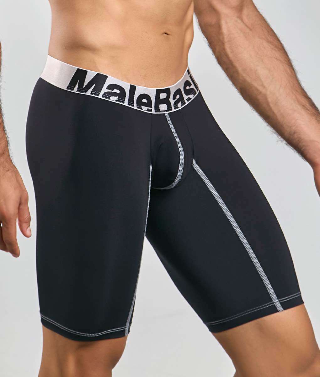Black malebasics microfiber athletic boxer briefs with white waistband brand name and gray side stitching