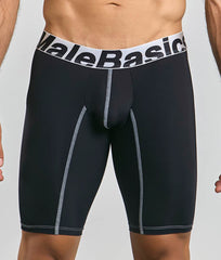 Black malebasics microfiber athletic boxer briefs with white waistband black lettering and silver seam stitching