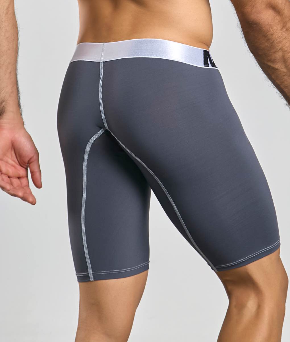 Malebasics microfiber athletic boxer in dark gray with silver waistband and matching stitching for performance use