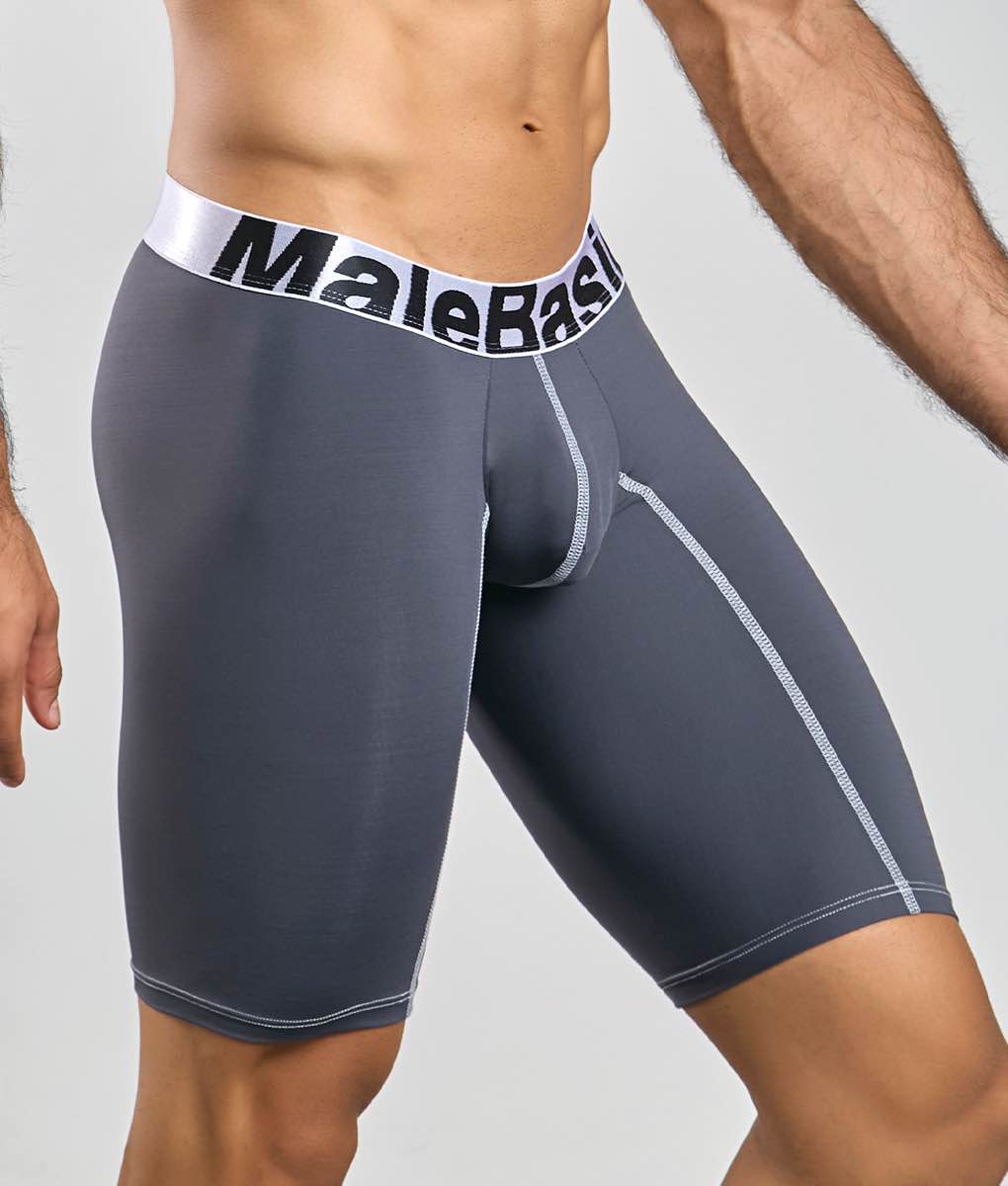 Gray malebasic microfiber athletic boxer briefs with white elastic waistband black lettering and silver seam stitching