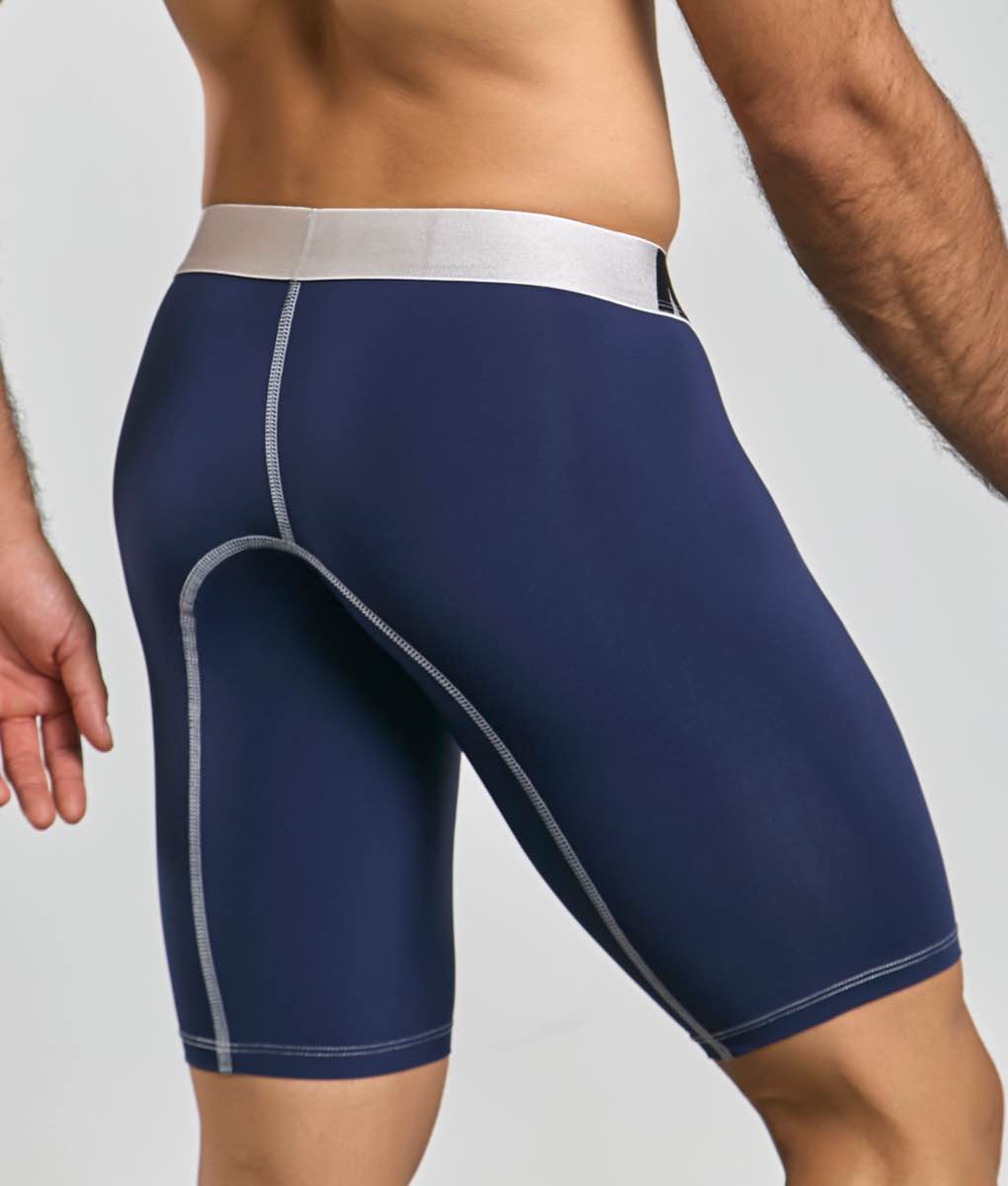 Malebasics microfiber athletic boxer in navy blue with white elastic waistband and gray stitching for support and comfort