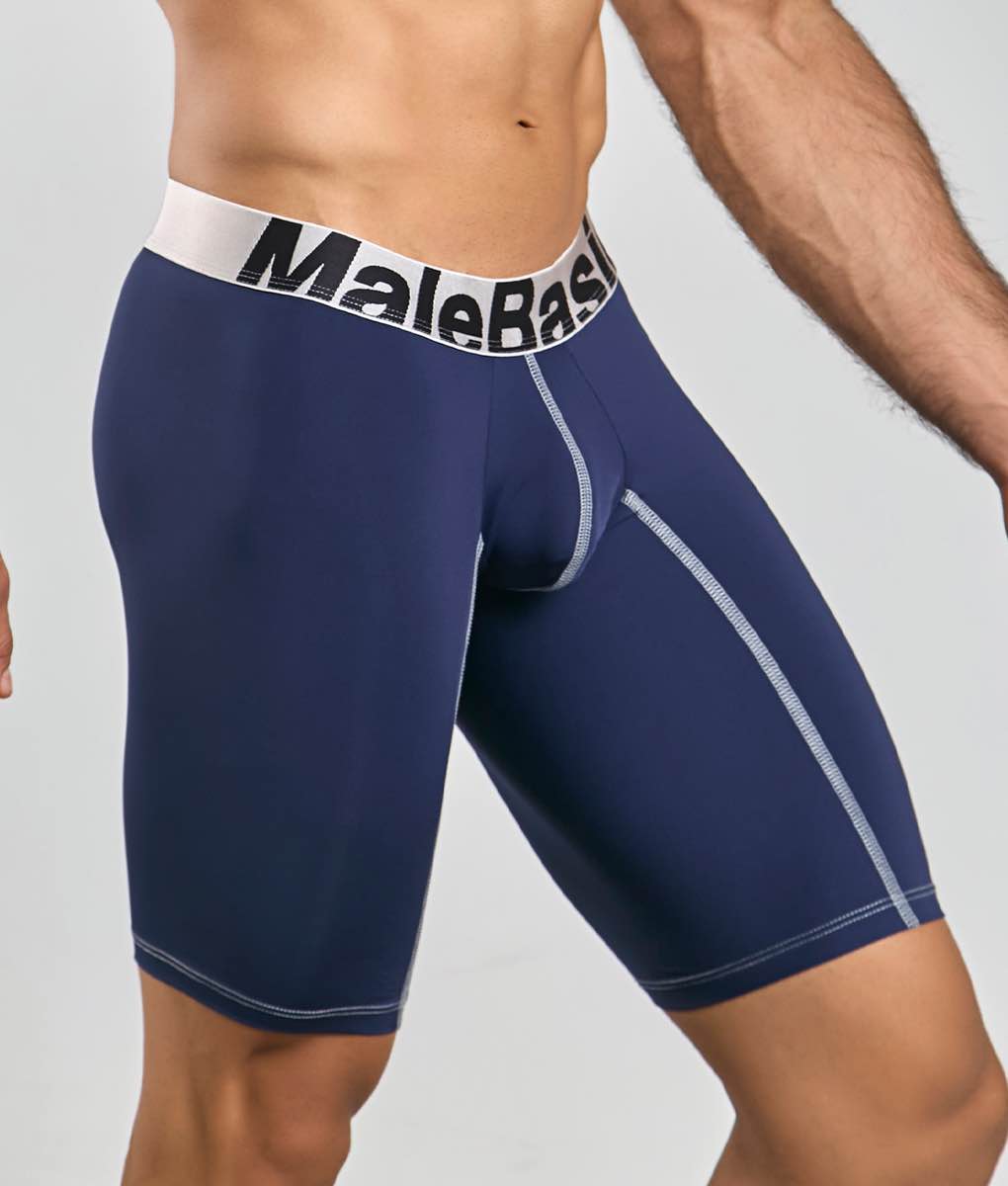 Malebasics microfiber athletic boxer navy blue men’s compression briefs with white waistband and silver stitching