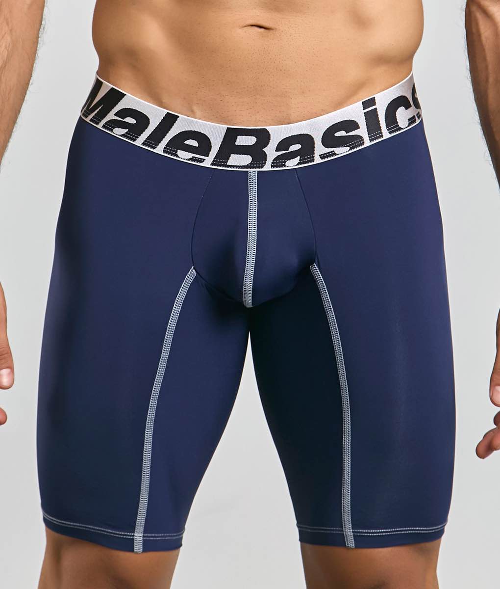 Navy blue malebasics microfiber athletic boxer briefs with white elastic waistband and silver contrast stitching