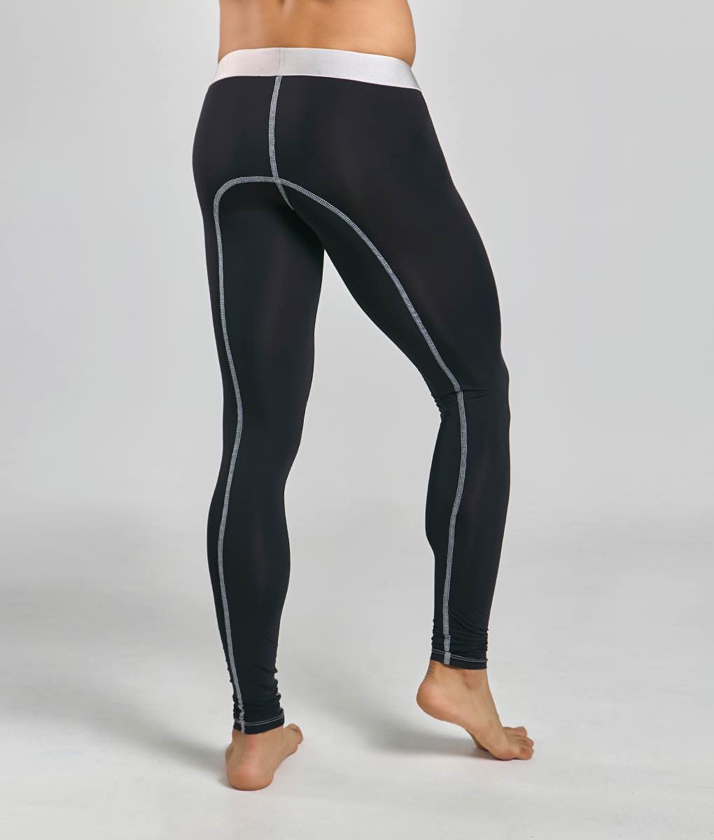 Malebasics microfiber longjohn black athletic leggings with white elastic waistband and gray side stitching