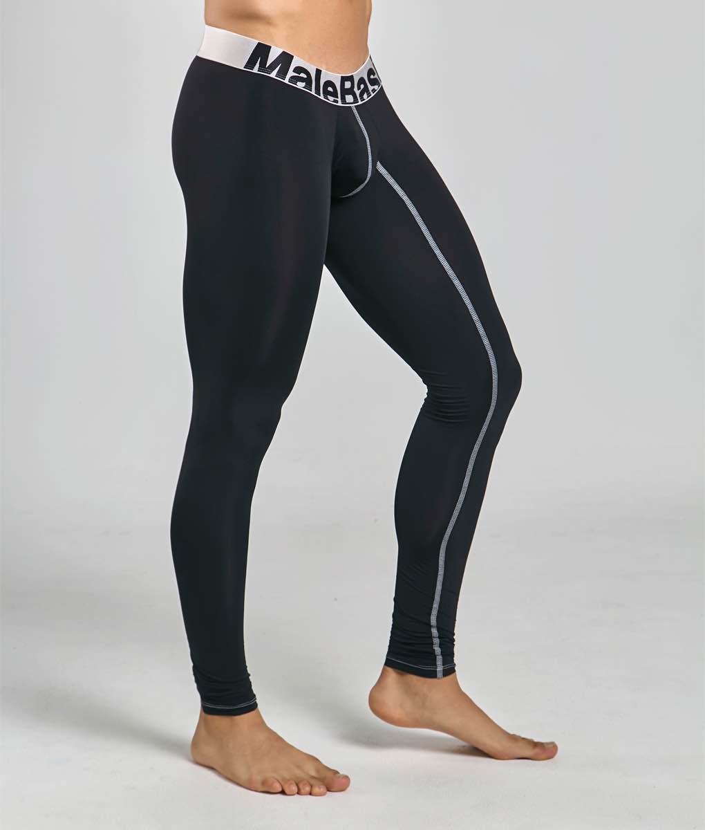 Black malebas microfiber longjohn compression leggings with white side stripes and branded waistband