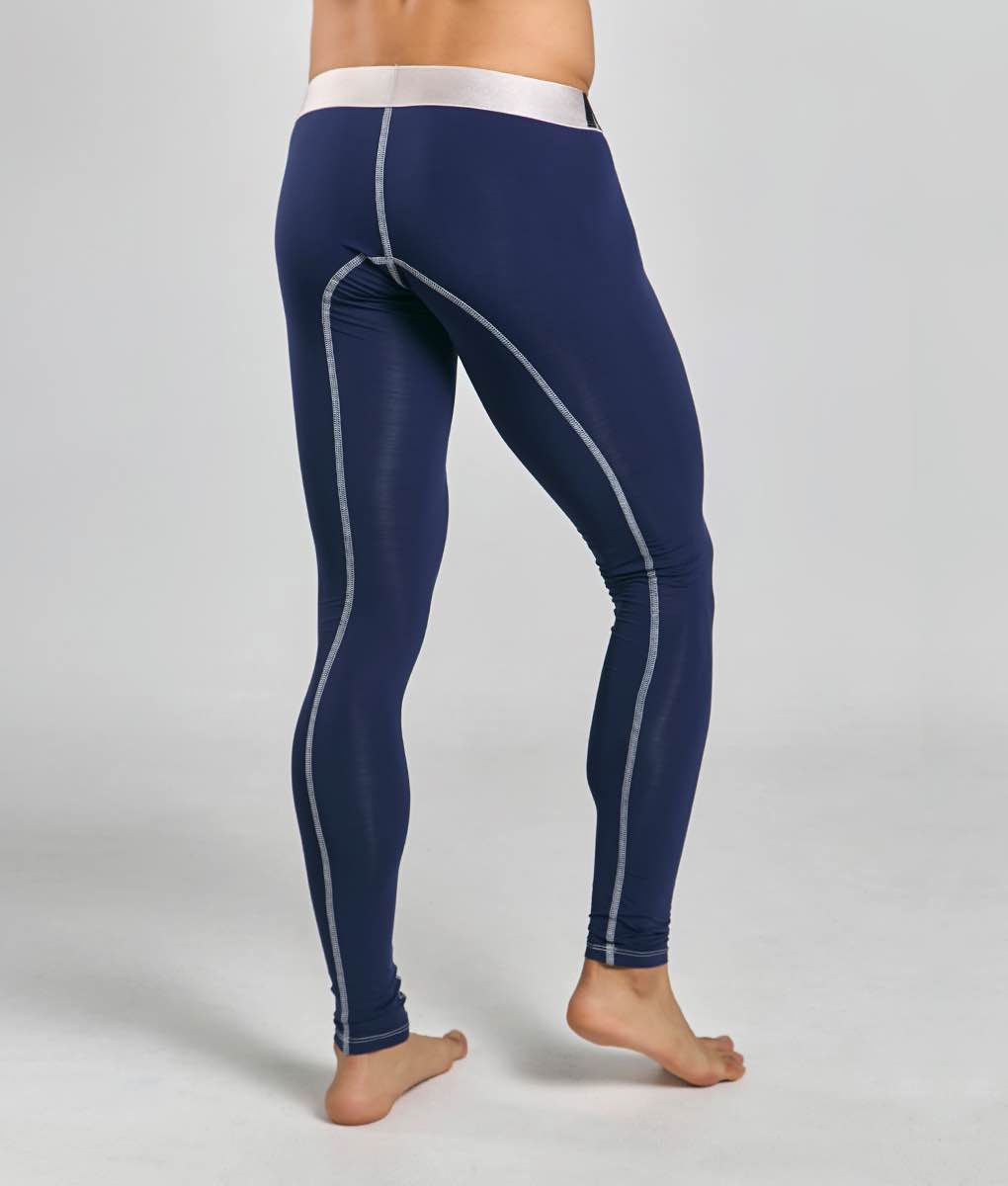 Malebasics microfiber longjohn navy blue compression leggings with white stitching and contrasting white waistband