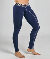Navy blue malebasics microfiber longjohn compression leggings with white trim and stitching details