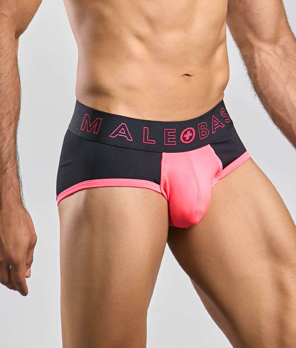 Black and pink malebasics neon brief athletic brief with mesh waistband and bright pink male+base logo