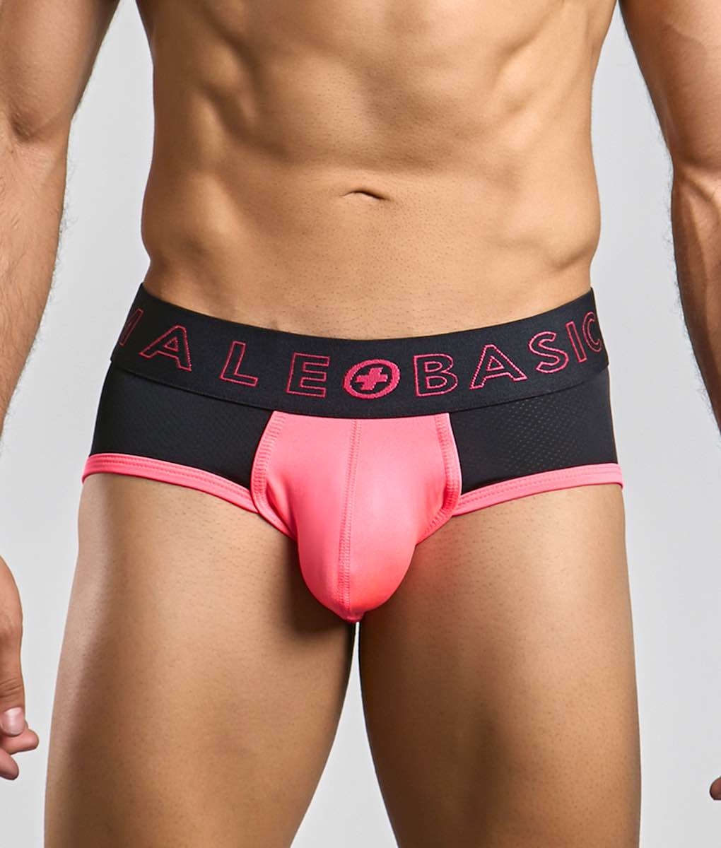 Black and pink male basics neon brief with bold neon pink ale basic logo on waistband for everyday comfort