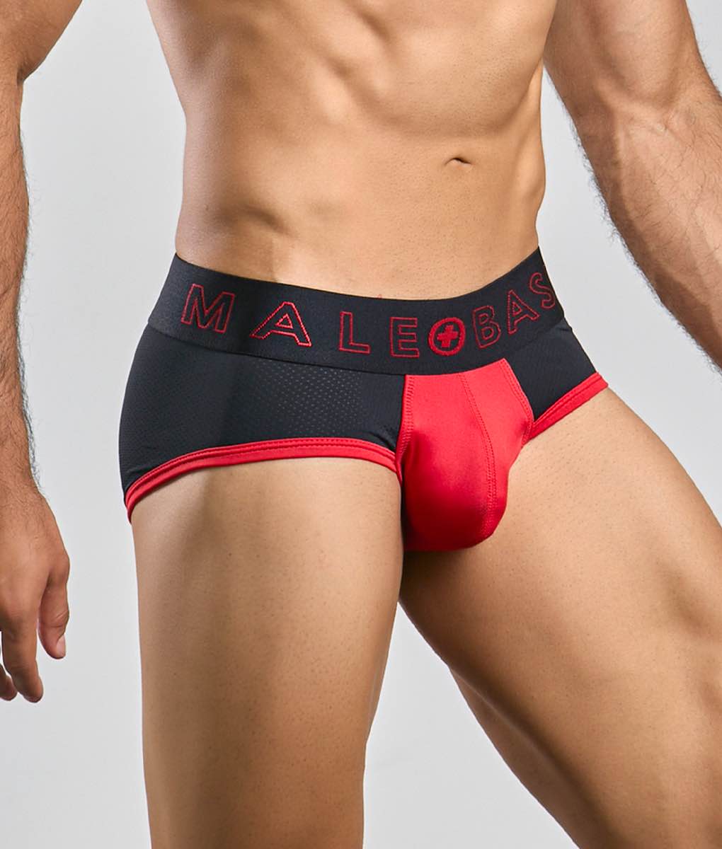Malebasics neon brief black and red athletic briefs with mesh waistband and red malebase logo lettering