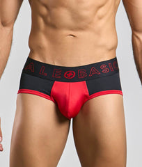MaleBasics neon brief red and black athletic briefs with a mesh waistband featuring the alebasic logo in red lettering