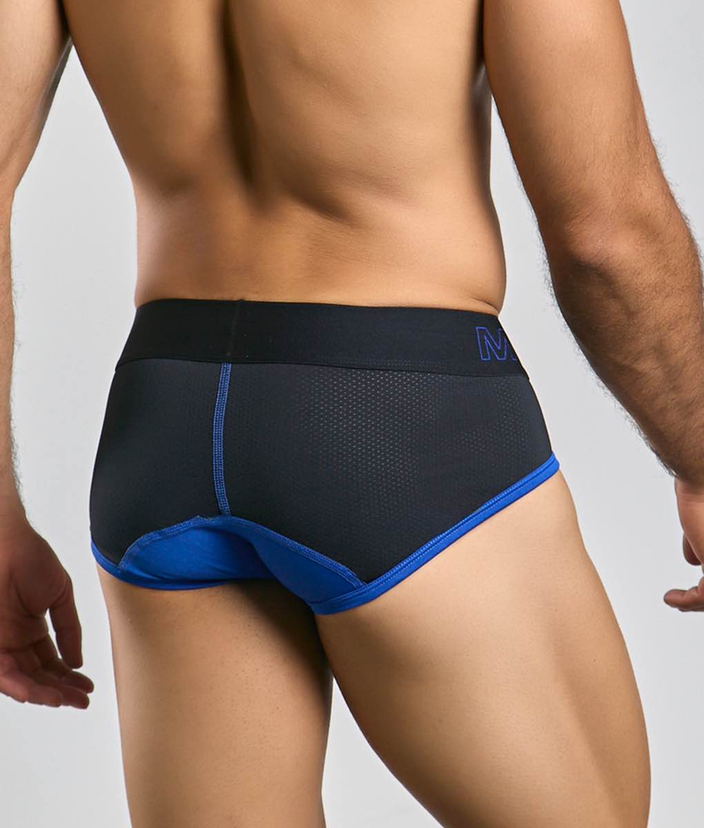 Malebasics neon brief black and blue athletic briefs with mesh panel and elastic waistband with subtle logo