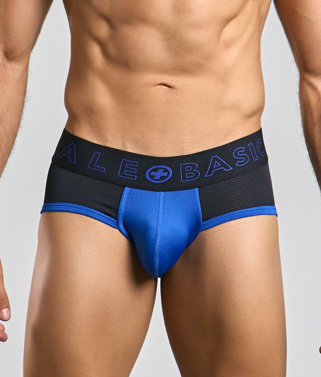 Malebasics neon brief blue and black athletic briefs with mesh panel and ale+basic logo on waistband