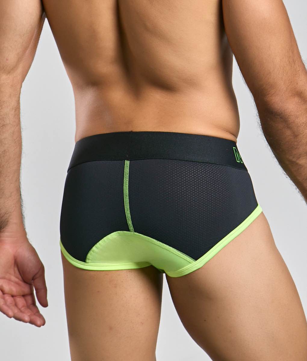 MaleBasics neon brief black and neon green athletic briefs with mesh panel and elastic waistband