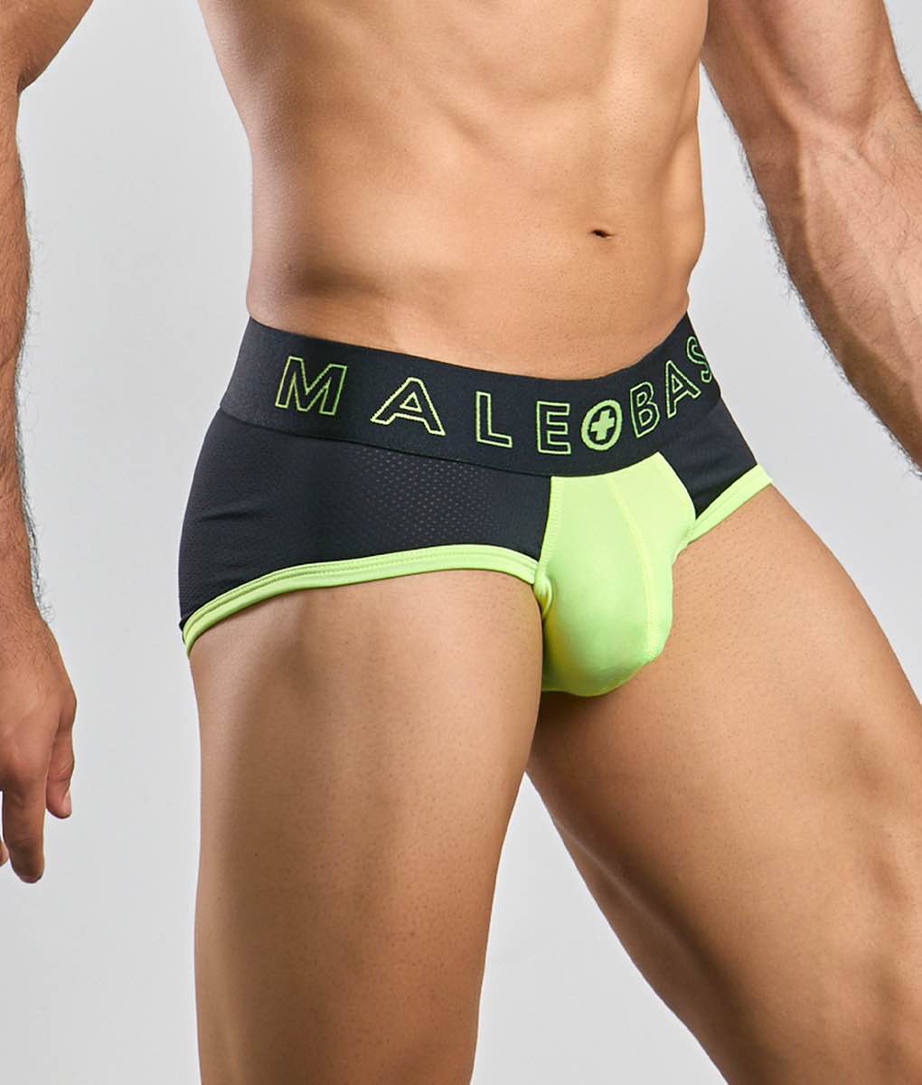 Male basics neon brief athletic briefs in black and neon green with mesh waistband featuring male plus base logo