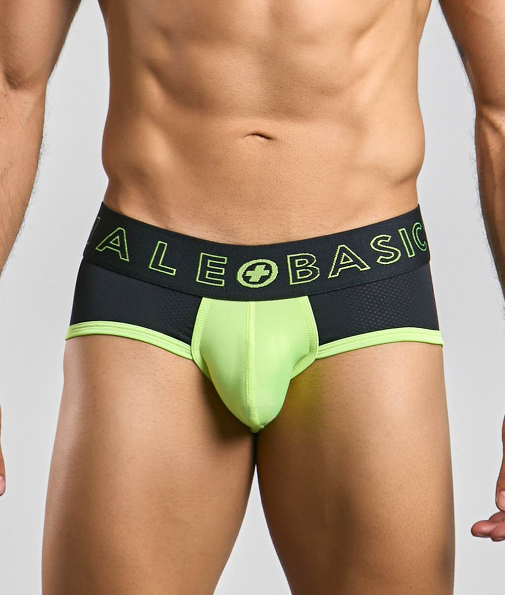 Malebasics neon brief athletic briefs in neon green and black with mesh waistband and alebasic logo in neon green