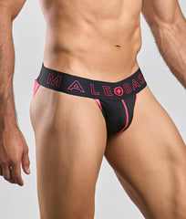 Black male jock briefs with neon pink trim and logo from malebasics neon jock new colors collection