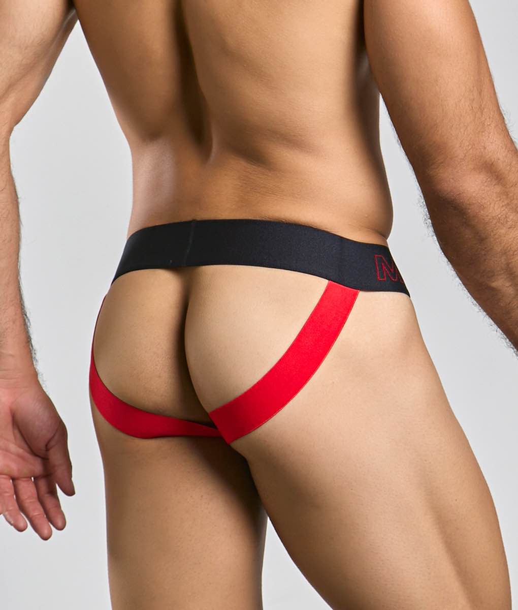Red and black malebasics neon jock athletic briefs featuring bold red side panels designed for active wear
