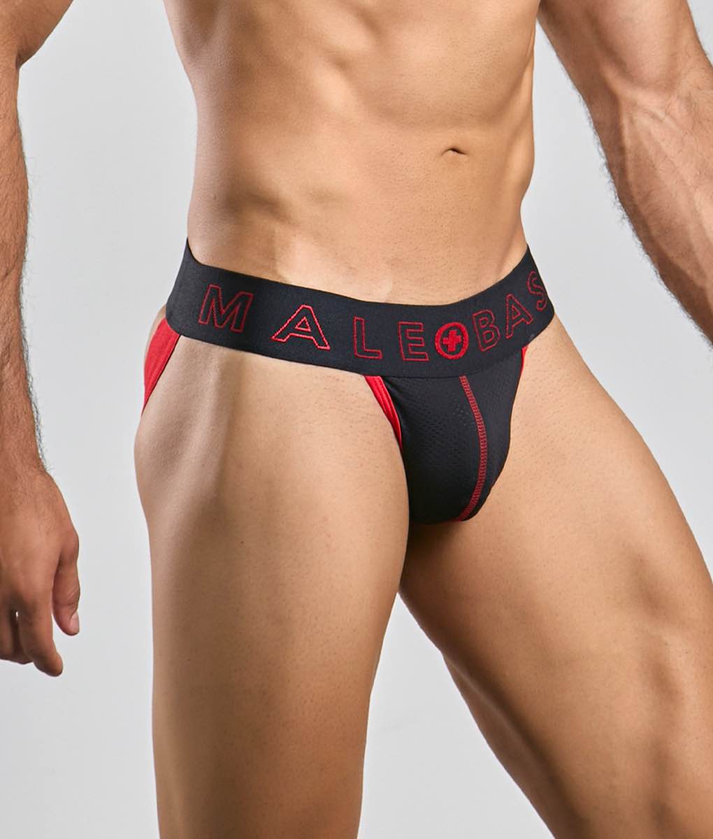 Male basics neon jock new colors black and red malebas briefs with bold logo band front view