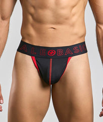 Black and red male basics neon jock athletic briefs with bold logo band for active wear