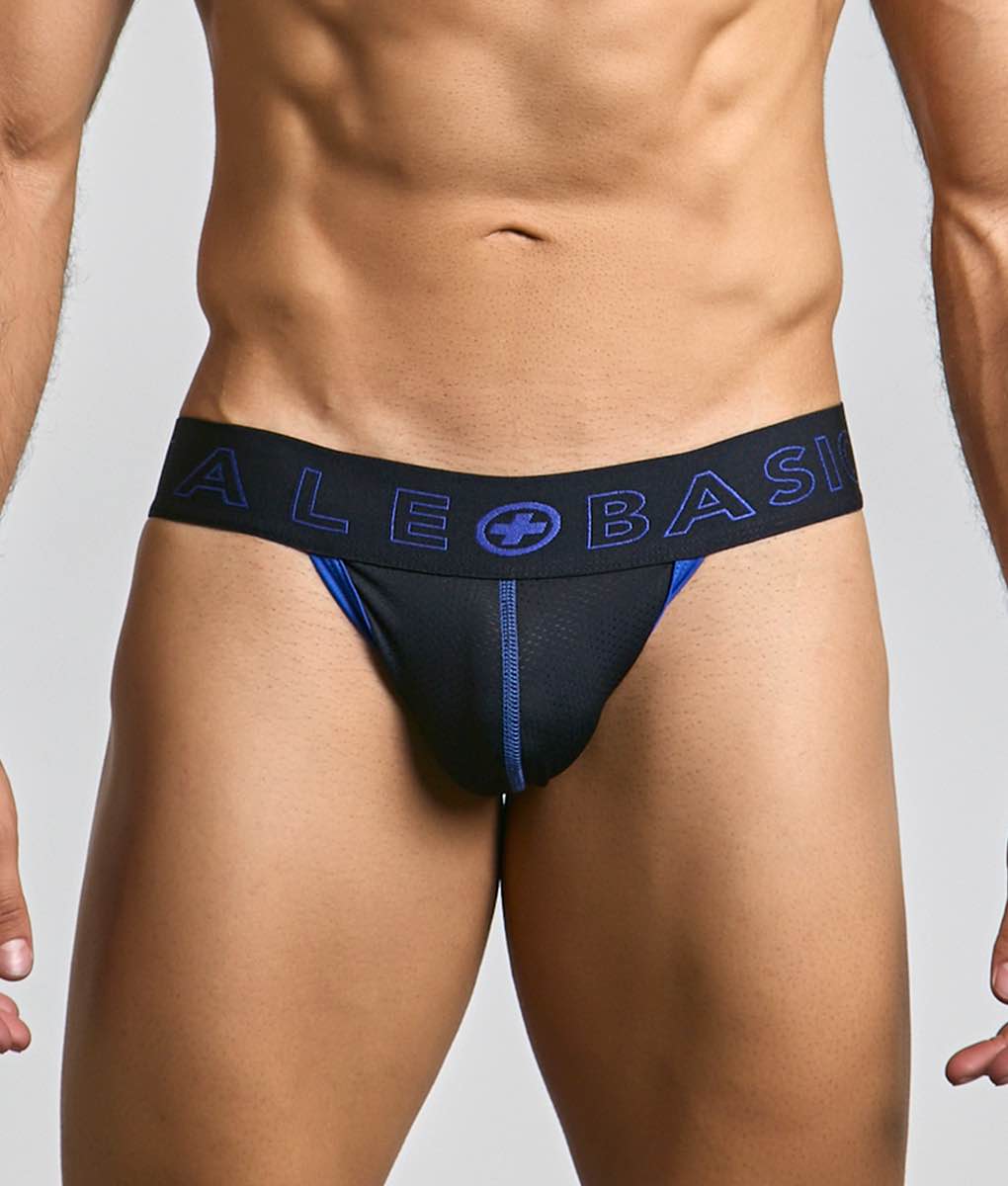 Black and blue male basics neon jock athletic briefs with branded waistband featuring matching blue lettering