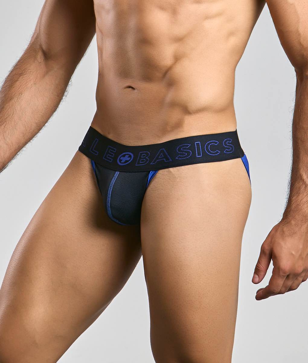 Black and blue malebasics neon jock athletic briefs with branded waistband designed for active wear
