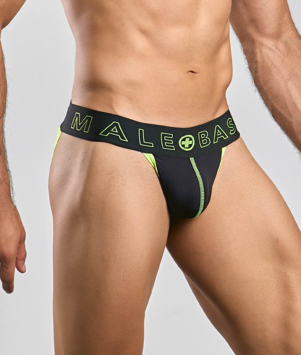 Black and neon green malebasics neon jock athletic briefs with bold logo band designed for support and comfort