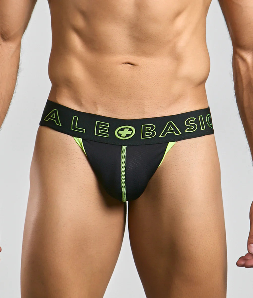 Black and neon green malebasics neon jock athletic briefs with branded waistband designed for active wear