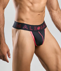 Black and pink malebas briefs with bold logo band from malebas neon thong collection in front view