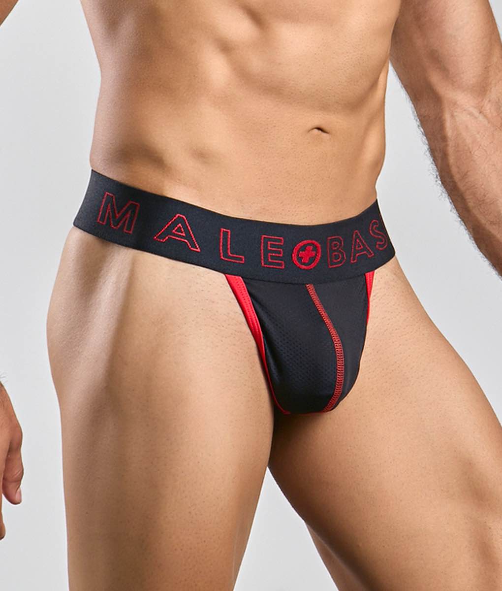 Black and red malebas athletic briefs with bold logo band designed for comfort and support in the maleBasics neon thong line