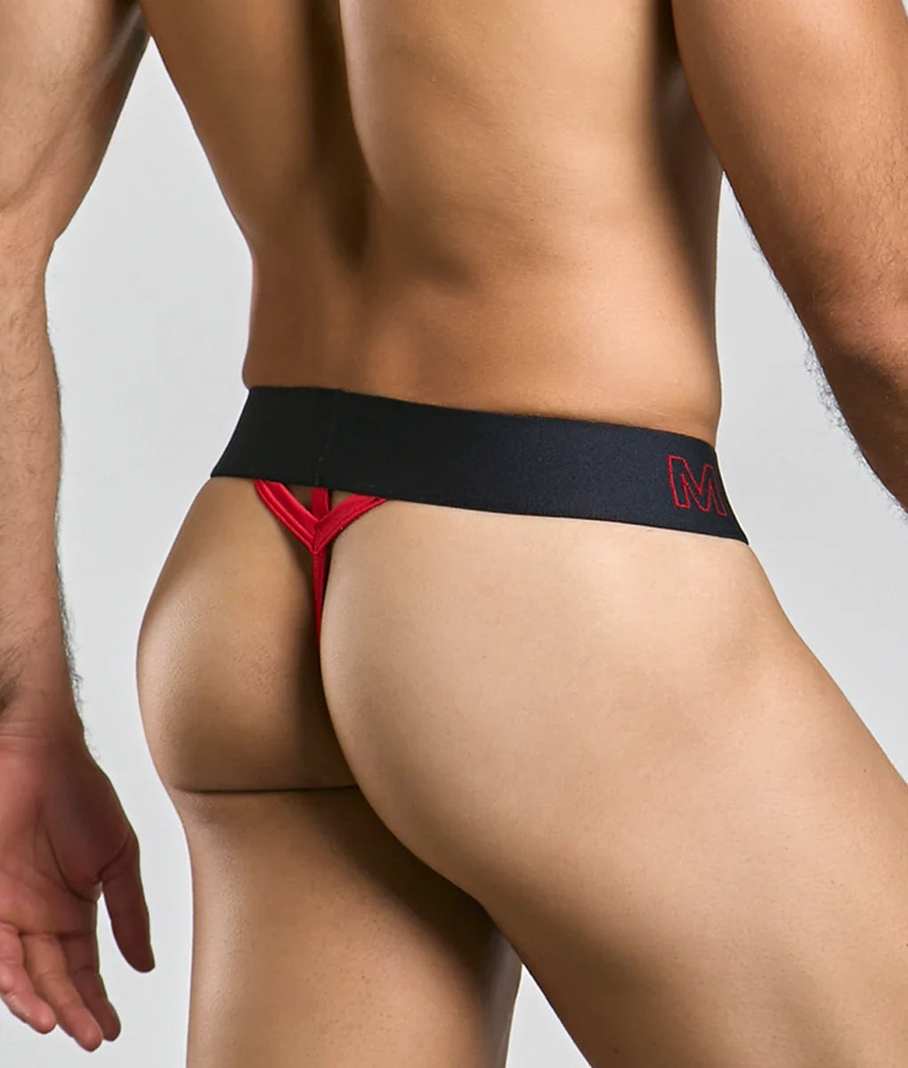 Black and red malebasics neon thong with bold contrasting design showing the back side of the thong