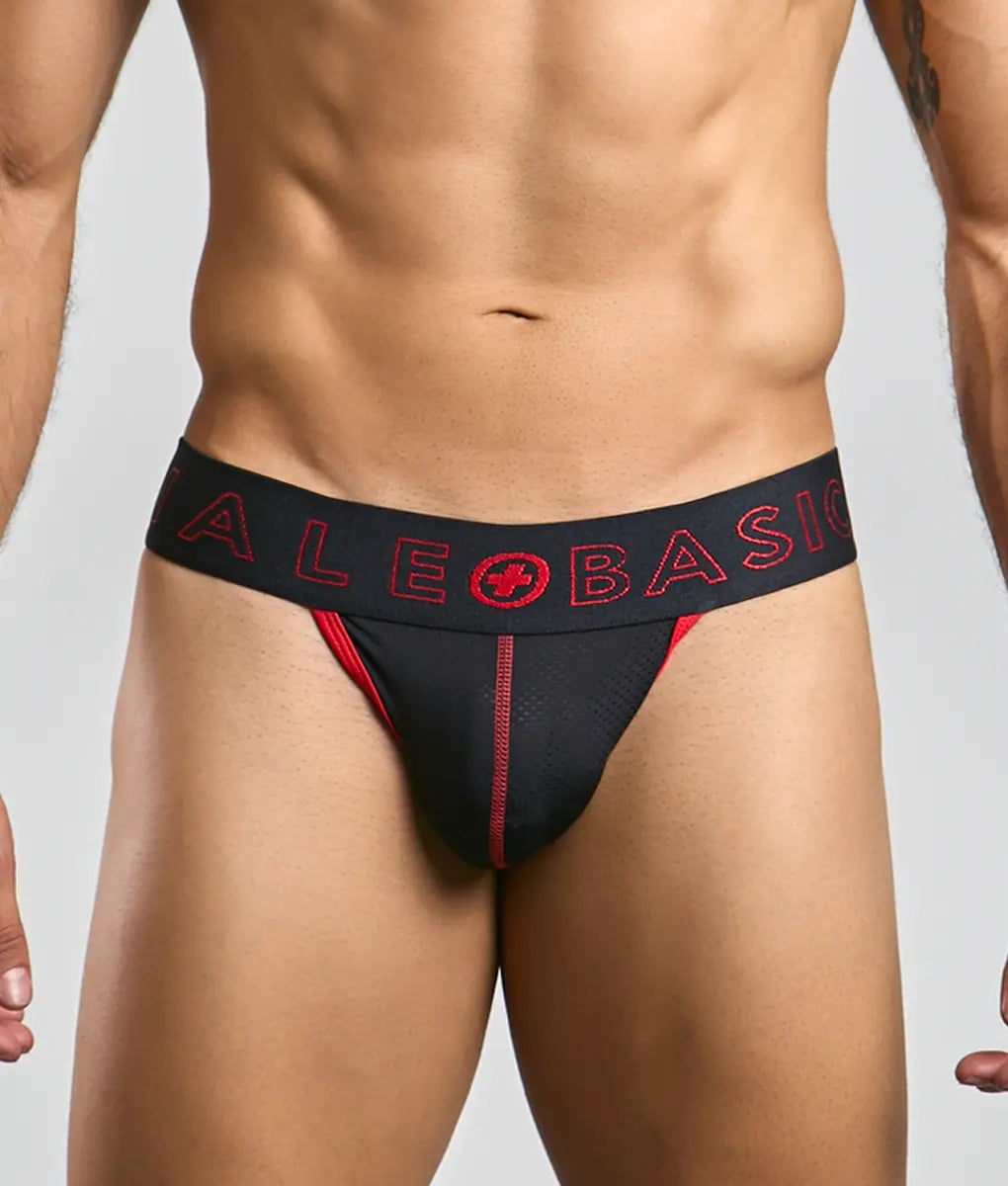 Malebasics neon thong black and red ale basico briefs with mesh panel and stitched detailing front view