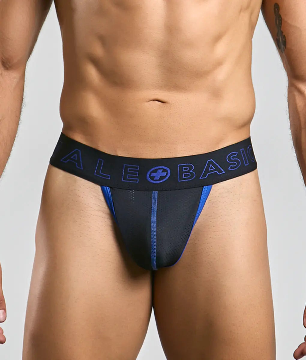 Black and blue malebasics neon thong athletic briefs with branded waistband for comfortable activewear use