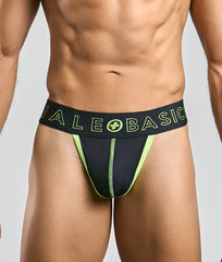 Black and neon green maleBasics neon thong athletic briefs with branded waistband for comfortable support