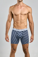 Navy blue Malebasics boxerbrief formula 1 with light gray geometric parallelograms and white basicsmal waistband