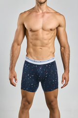 Navy blue malebasics bundle boxer briefs with colorful abstract pattern and white waistband for formula 1 party and barber
