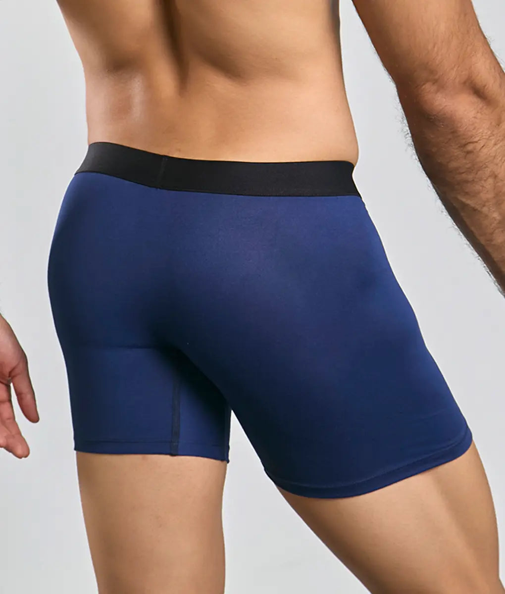 Navy blue boxer briefs with black elastic waistband malebasics classic tripack breathable cotton material
