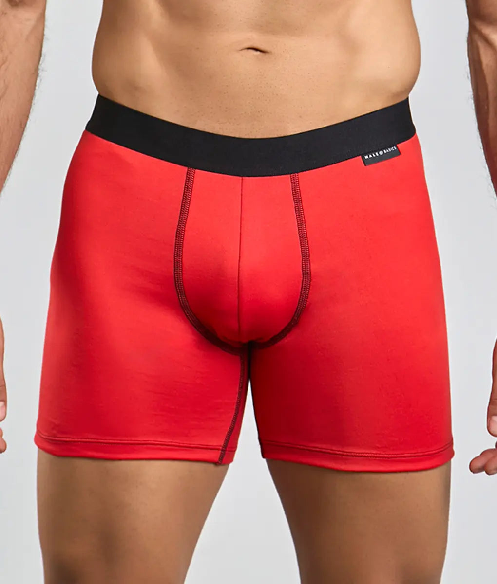 Red men’s boxer briefs from malebasics classic tripack with black elastic waistband and subtle stitching details