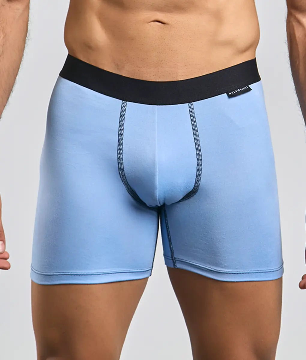 Malebasics classic tripack light blue men’s boxer briefs with black elastic waistband and subtle dark stitching