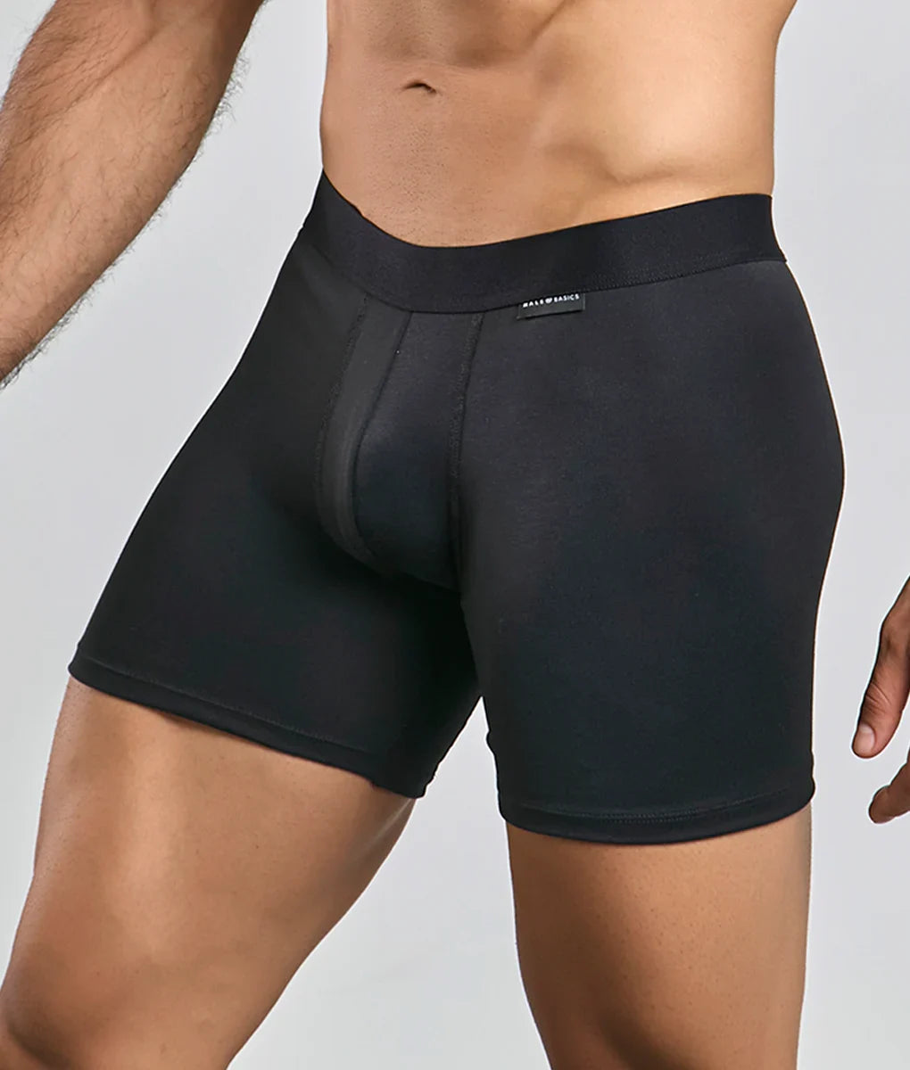 Malebasics classic tripack black men’s boxer briefs with smooth form-fitting fabric and subtle waistband brand tag
