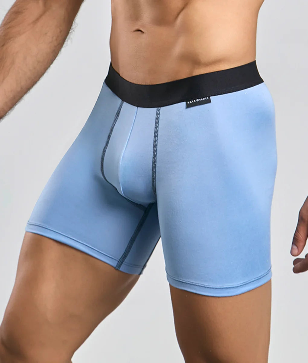 Light blue men’s boxer briefs with a black malt brands waistband from malebasics classic tripack collection