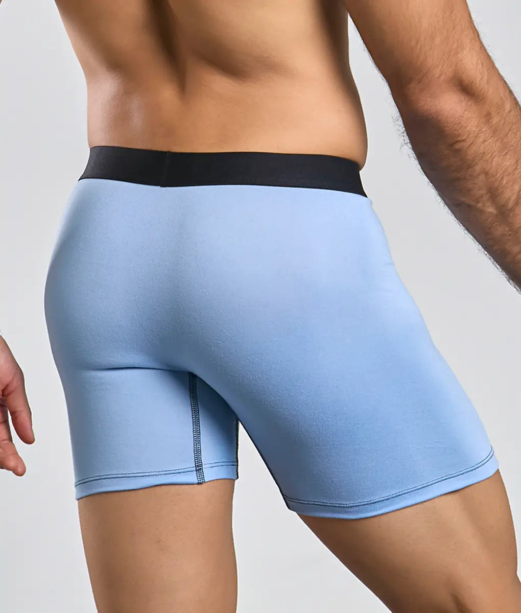 Light blue men’s boxer briefs with black elastic waistband from malebasics classic tripack for everyday comfort
